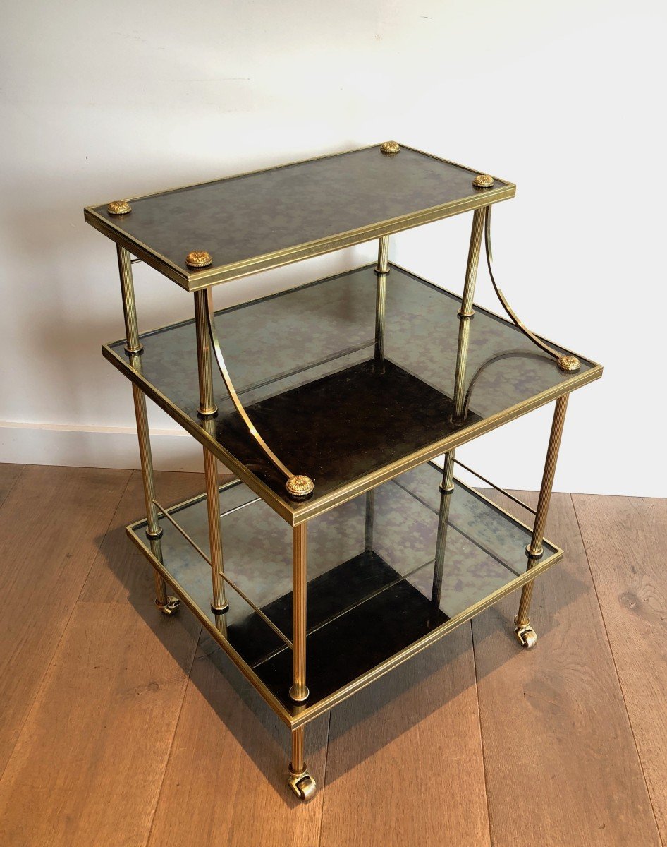Small Brass Shelves On Casters With Three Tiers Made Of Antiques Mirrors. French Work By Maison