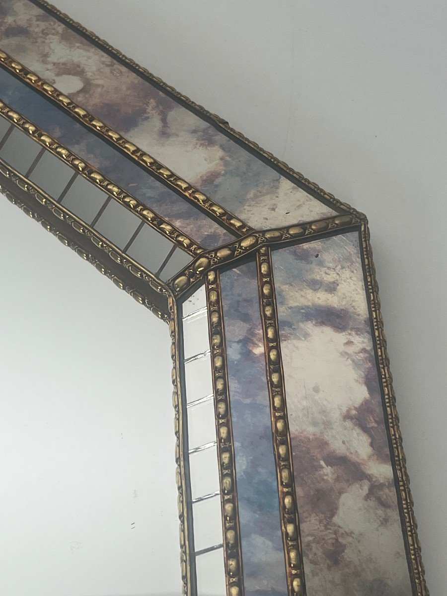 Large Miroir Constitué De Miroirs Multi-facettes Et De Guirlandes De Laiton. Travail Français. -photo-5