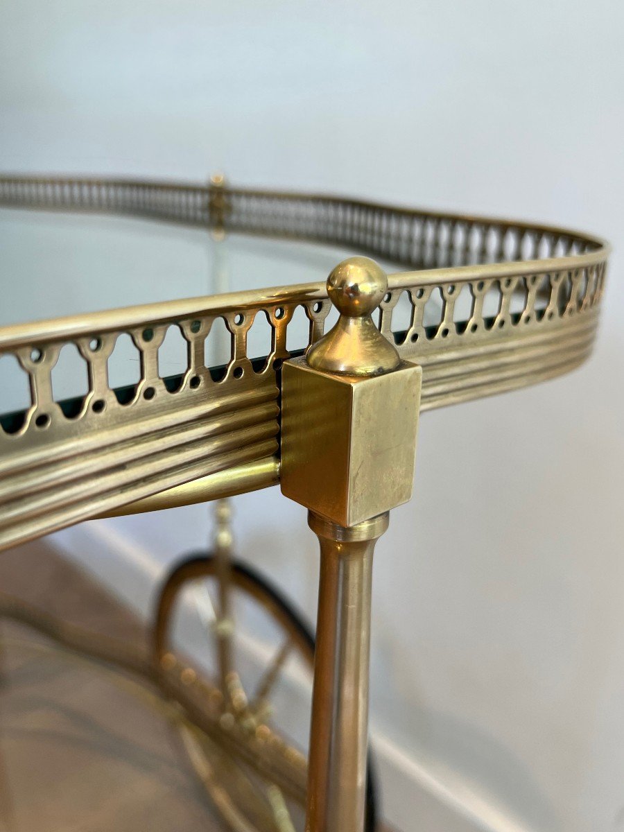 Neoclassical Style Oval Brass Drinks Trolley. This Bar Cart Has Two Glass Shelves. -photo-4