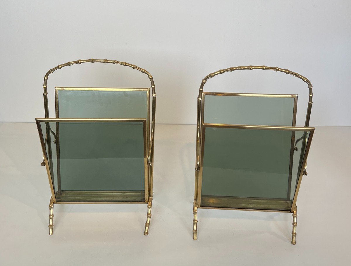 Pair Of Faux-bamboo Bronze Magazine Racks With Blueish Glass Panels On Each Side. French Work -photo-3