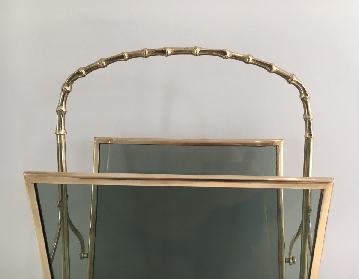 Pair Of Faux-bamboo Bronze Magazine Racks With Blueish Glass Panels On Each Side. French Work -photo-2