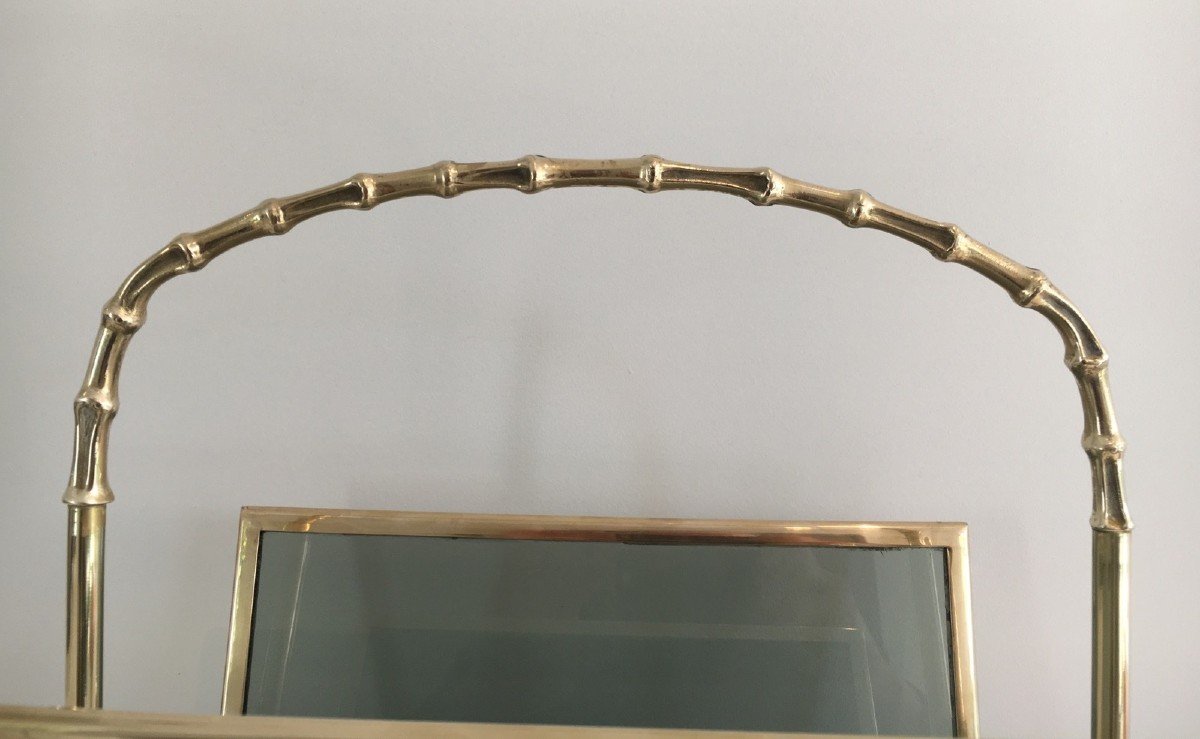 Pair Of Faux-bamboo Bronze Magazine Racks With Blueish Glass Panels On Each Side. French Work -photo-3