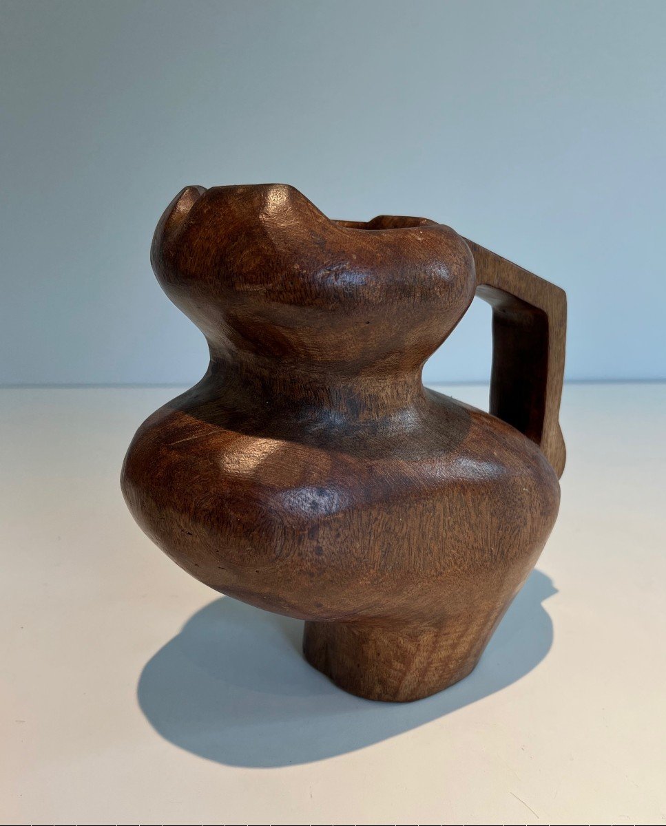 Brutalist Carved Wood Pitcher. French Work.circa 1950-photo-1