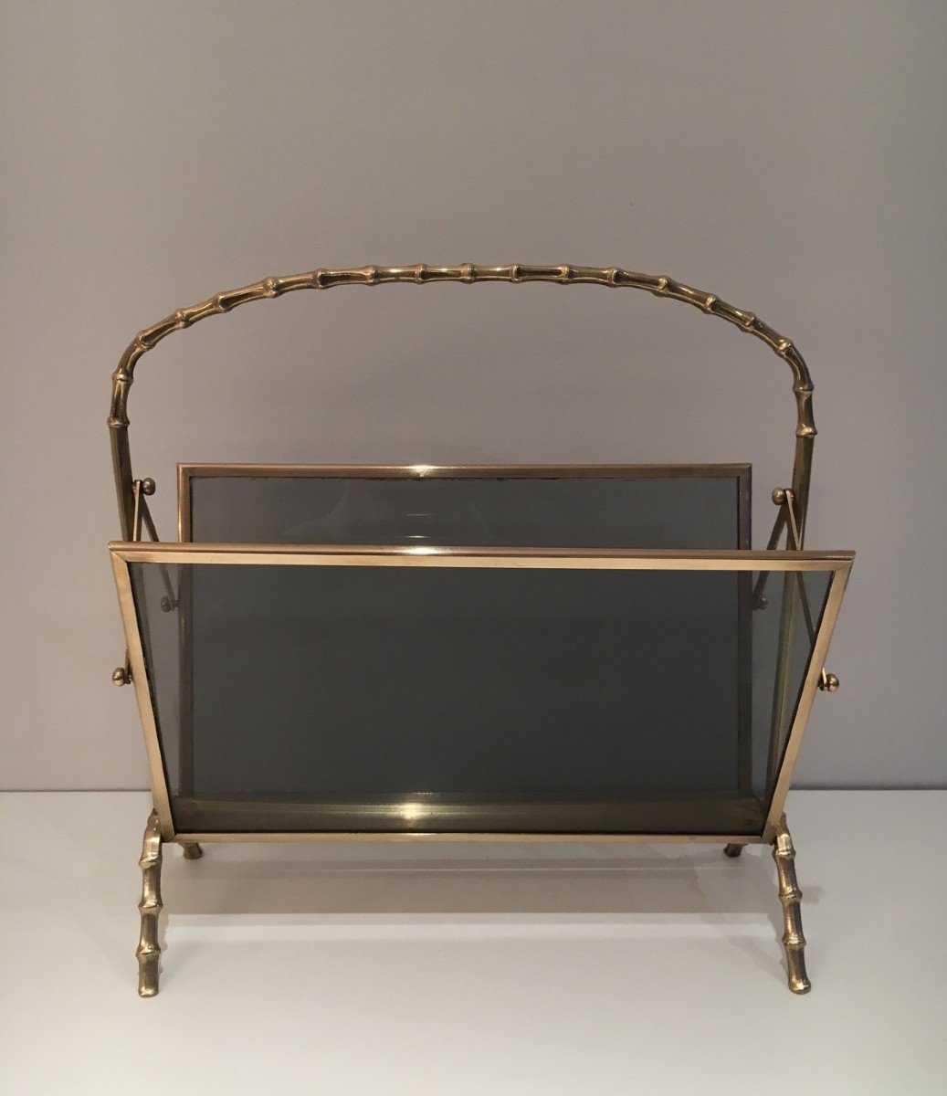 Brass Faux-bamboo Magazine Rack With Tainted Glass Panels On Each Side By Maison Baguès-photo-3