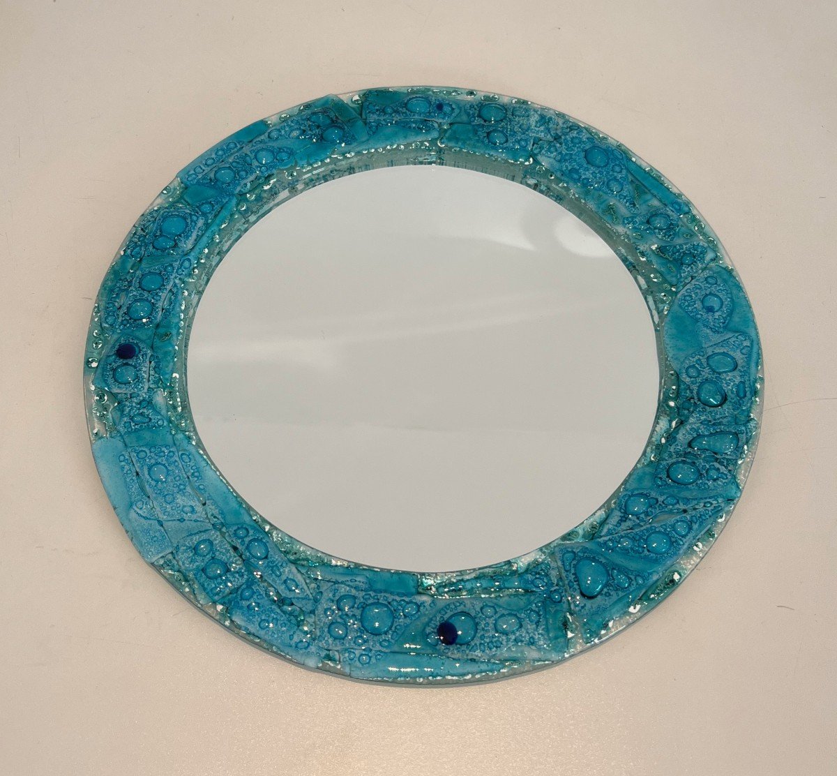 Blueish Glass Round Mirror. French Work. Circa 1970-photo-2