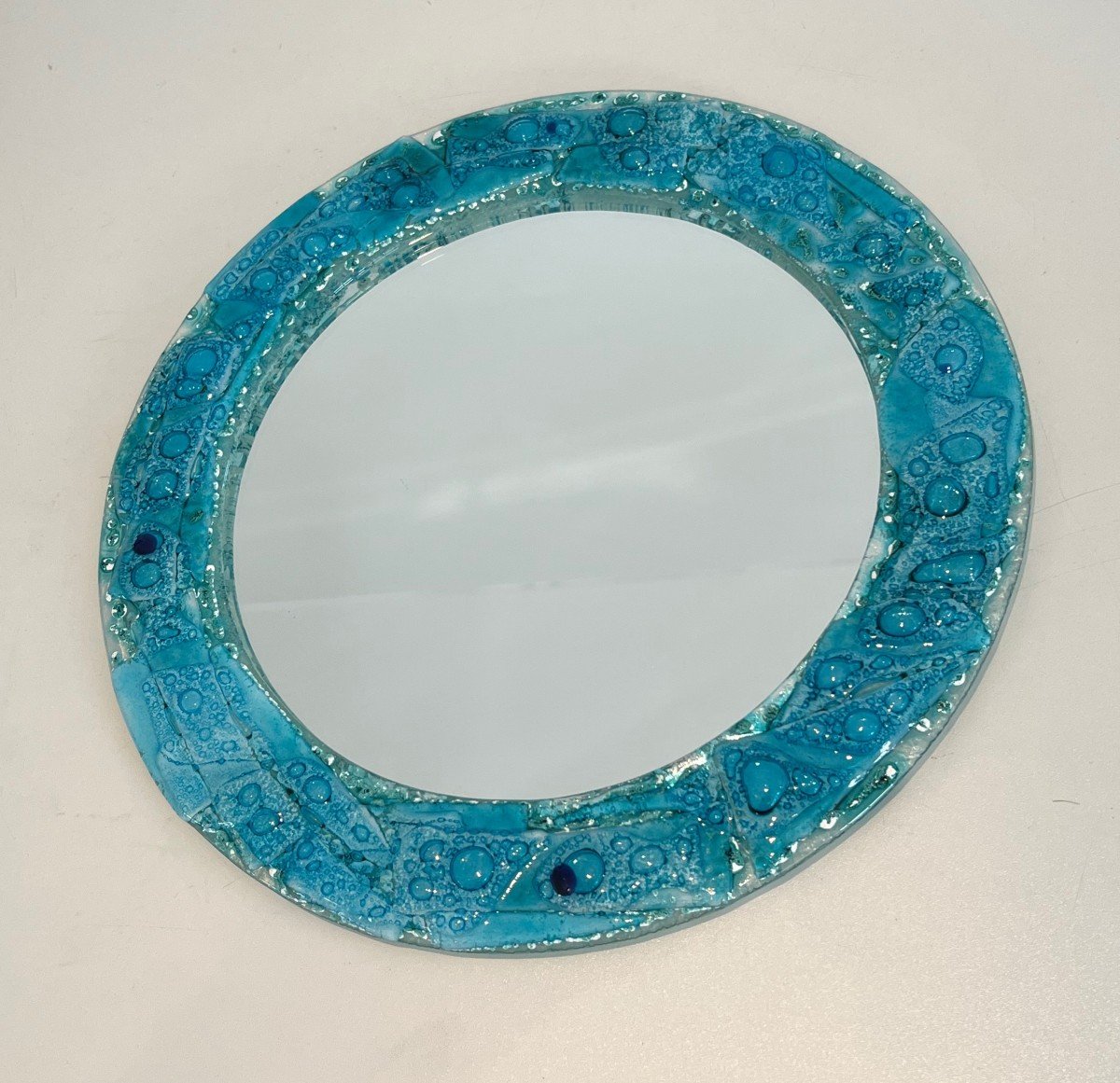 Blueish Glass Round Mirror. French Work. Circa 1970-photo-3