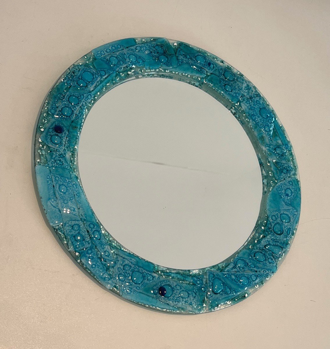 Blueish Glass Round Mirror. French Work. Circa 1970-photo-4