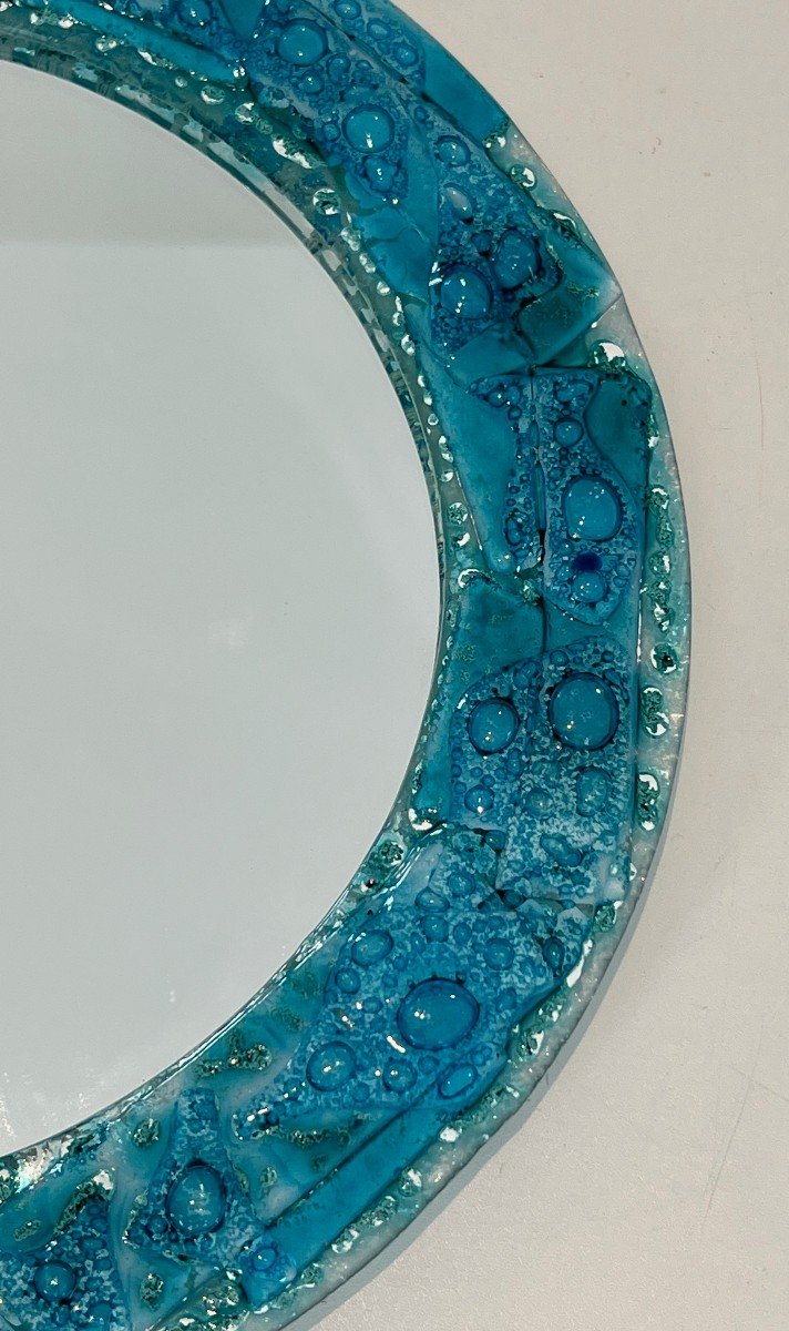 Blueish Glass Round Mirror. French Work. Circa 1970-photo-3