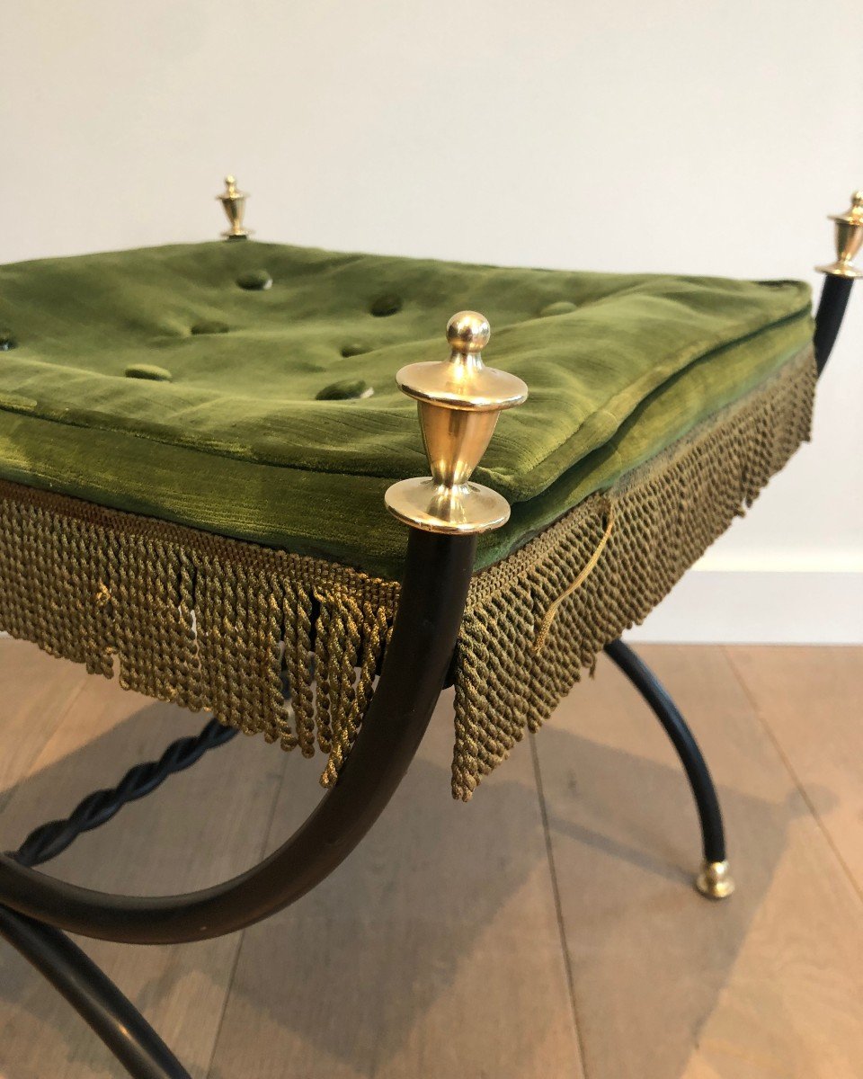 Tabouret De Style Néoclassique En Métal Laqué Noir, Laiton Et Velours-photo-4