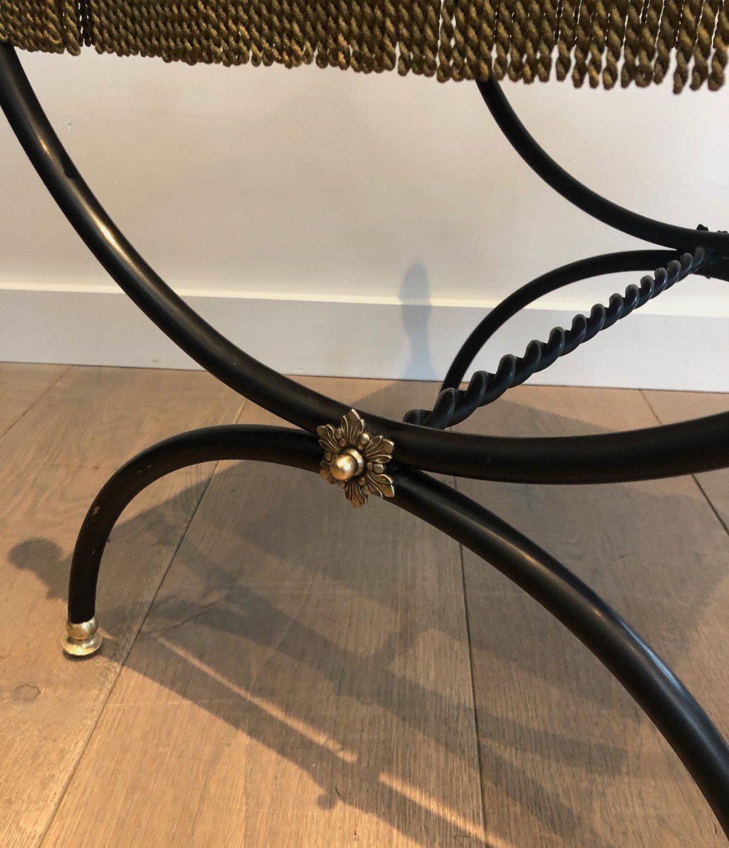 Tabouret De Style Néoclassique En Métal Laqué Noir, Laiton Et Velours-photo-5