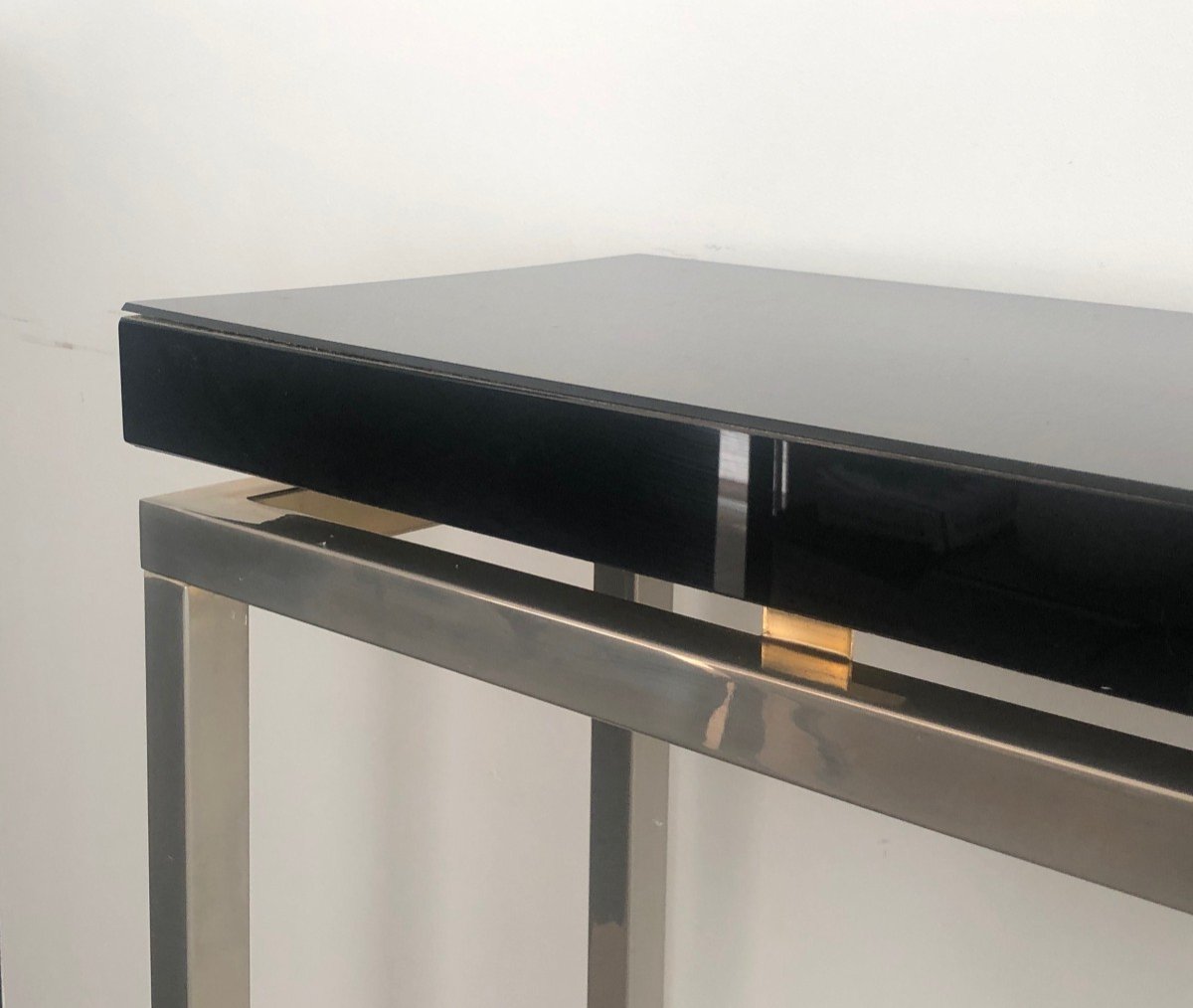 Chromed Console With Thick Black Lacquered Top. French Work. Circa 1970-photo-3