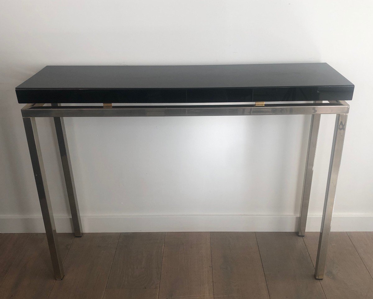 Chromed Console With Thick Black Lacquered Top. French Work. Circa 1970-photo-6