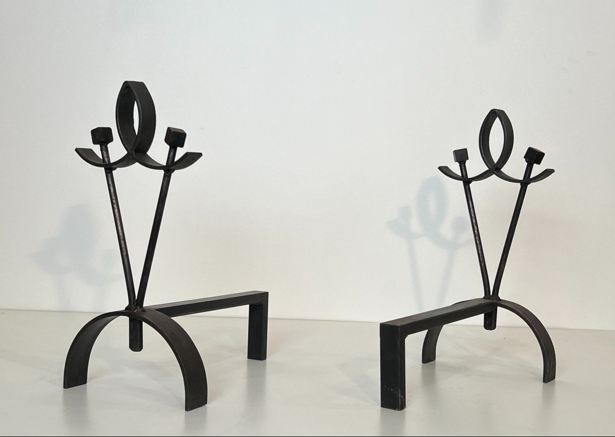 Pair Of Modernist Wrought Iron Andirons. French Work. Circa 1940-photo-1