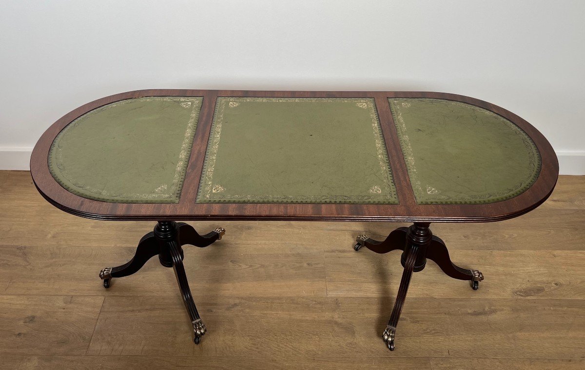 Mahogany Coffee Table With Bronze Claw Feet And Green Leather On Top. French Work. Circa 1940