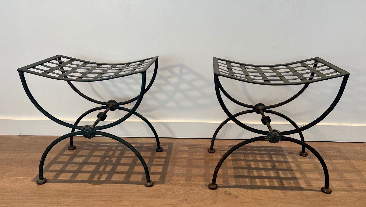 Pair Of Curules Stools Made Of Wrought Iron And Patinated Metal. French Work. Circa 1940-photo-2