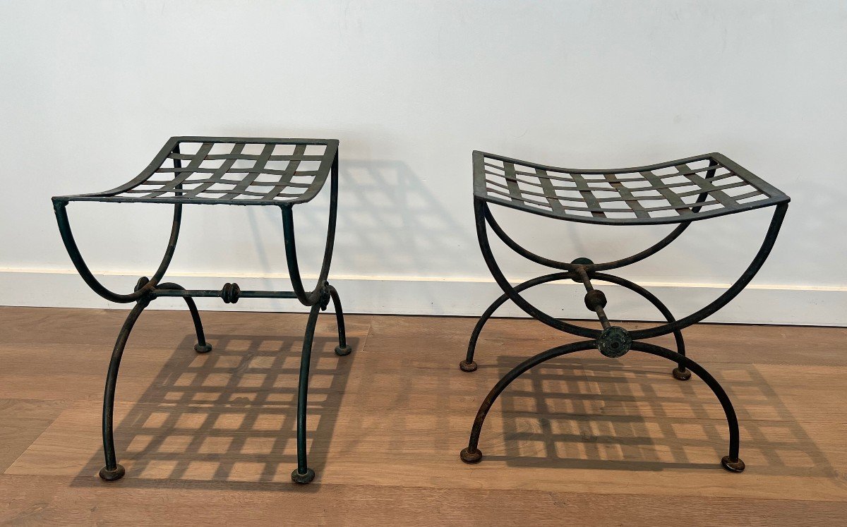 Pair Of Curules Stools Made Of Wrought Iron And Patinated Metal. French Work. Circa 1940-photo-4