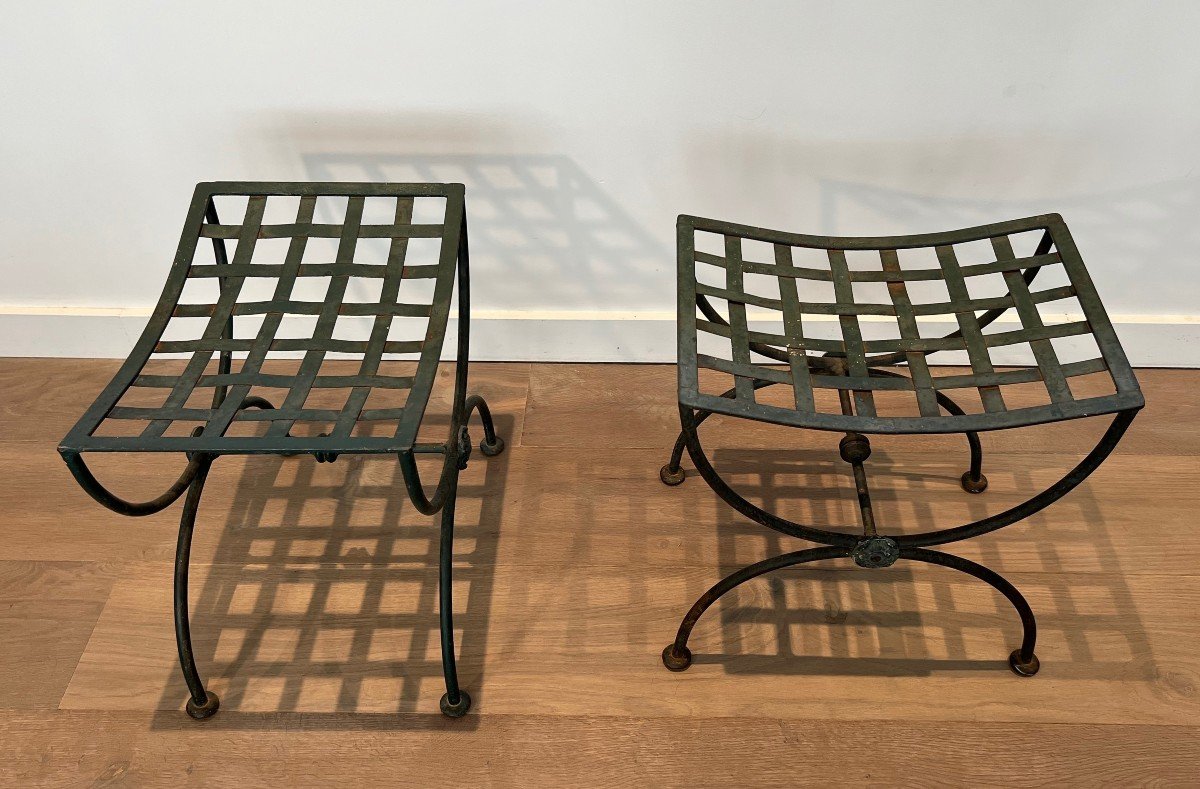 Pair Of Curules Stools Made Of Wrought Iron And Patinated Metal. French Work. Circa 1940-photo-1