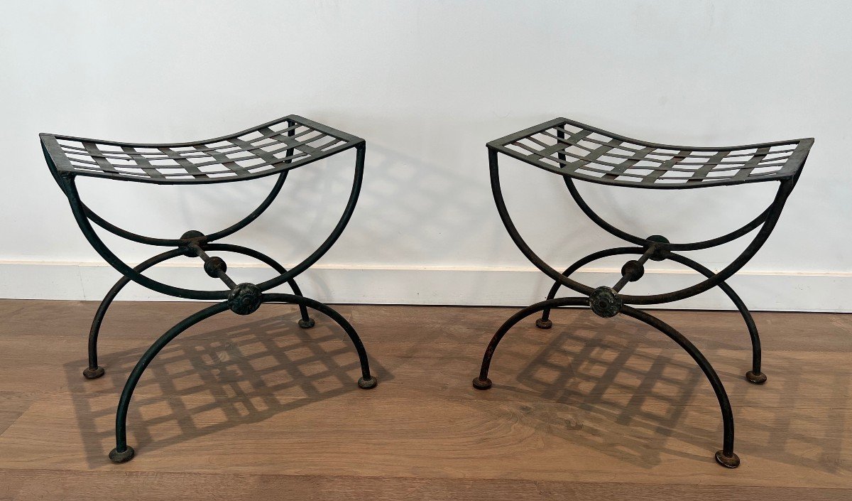 Pair Of Curules Stools Made Of Wrought Iron And Patinated Metal. French Work. Circa 1940-photo-8