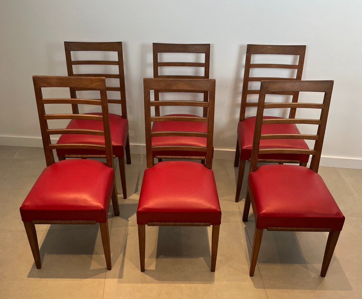 Set Of 6 Oak Chairs With 4 Faux-leather Seats. French Work. Circa 1940-photo-8