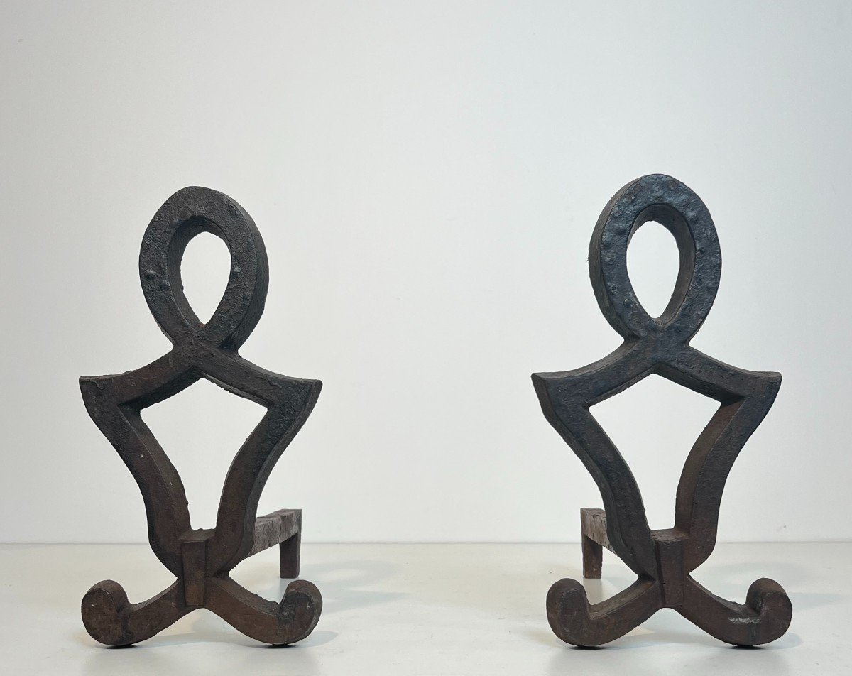 Pair Of Modernist Cast Iron And Wrought Iron Andirons. French Work By Raymond Subes. Circa 1940-photo-3