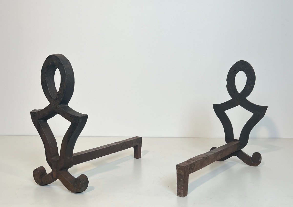Pair Of Modernist Cast Iron And Wrought Iron Andirons. French Work By Raymond Subes. Circa 1940-photo-3