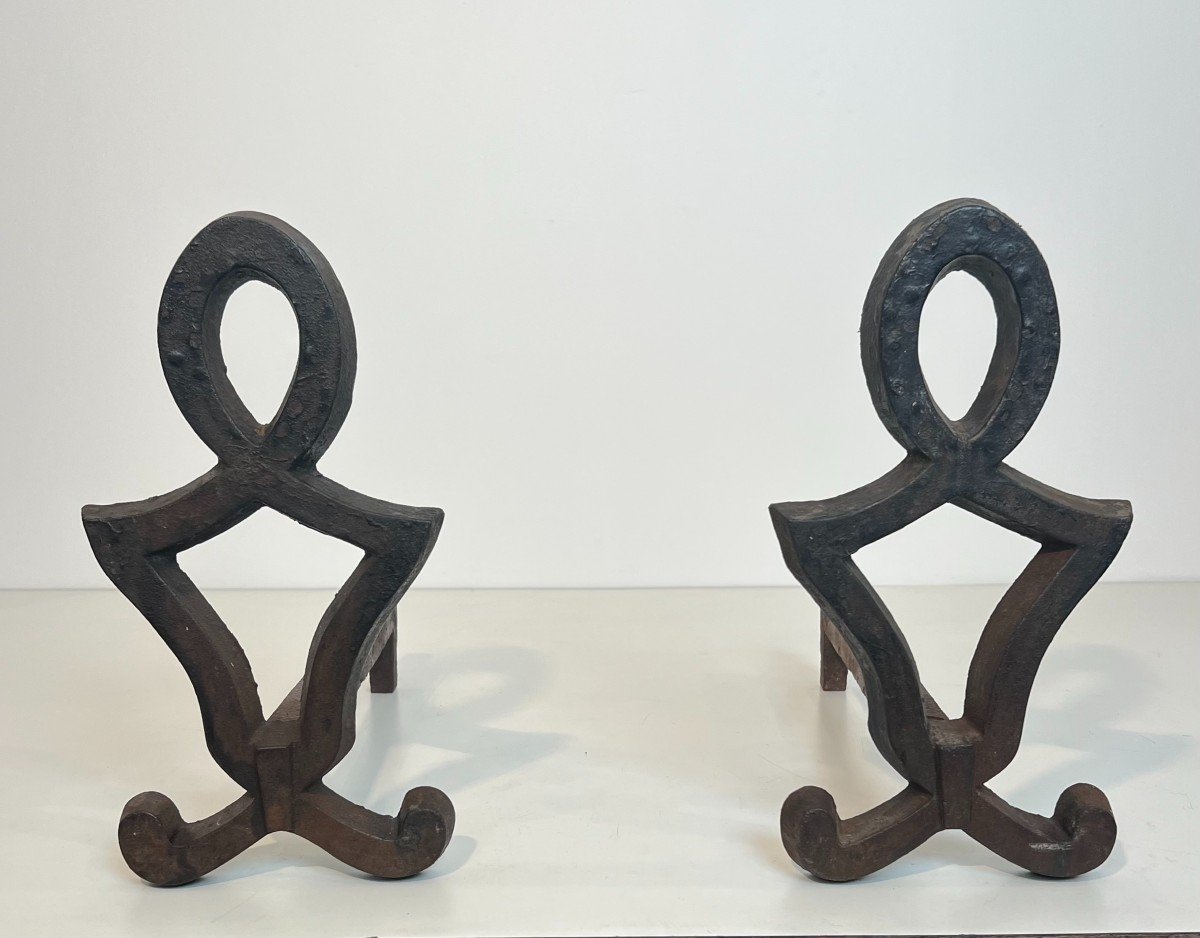 Pair Of Modernist Cast Iron And Wrought Iron Andirons. French Work By Raymond Subes. Circa 1940-photo-8