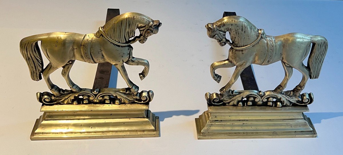 Pair Of Bronze Horses Andirons. French Work. Circa 1970-photo-8