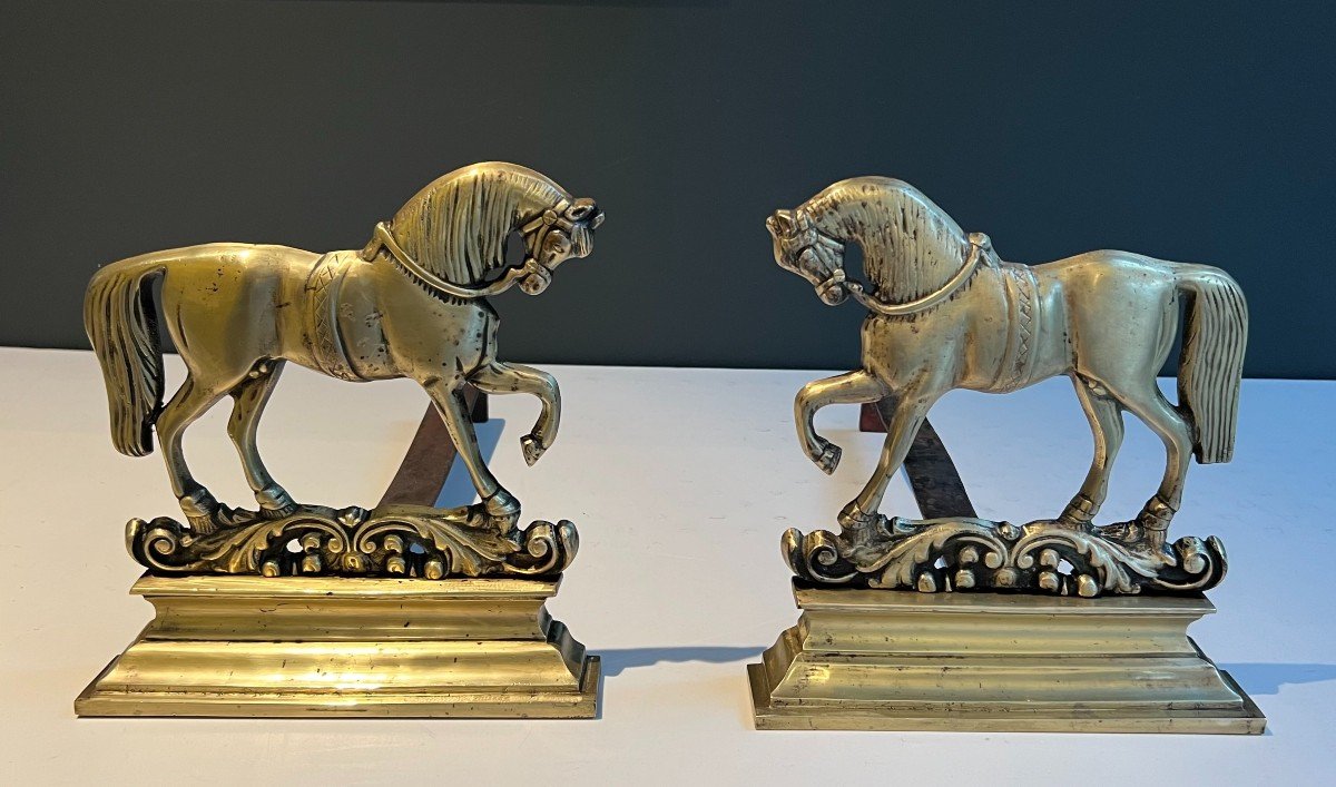 Pair Of Bronze Horses Andirons. French Work. Circa 1970