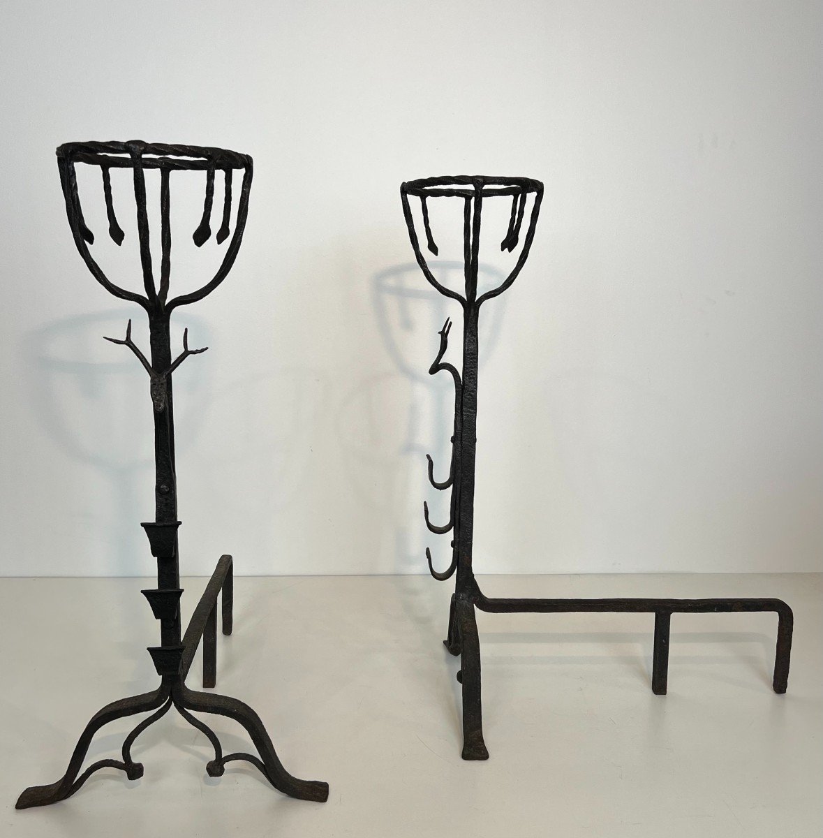 Important Pair Of Wrought Iron Landiers Andirons With Deer Heads. French Work. 19th Century-photo-4