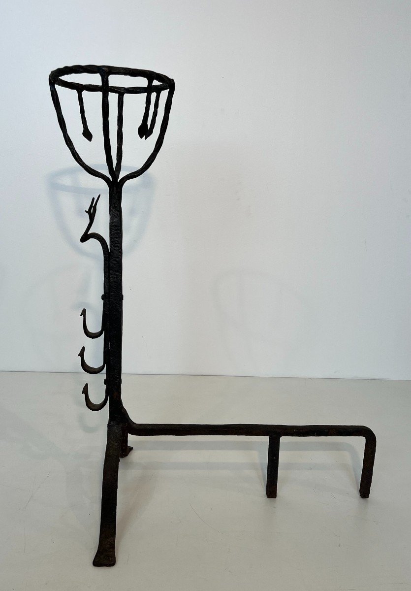 Important Pair Of Wrought Iron Landiers Andirons With Deer Heads. French Work. 19th Century-photo-1