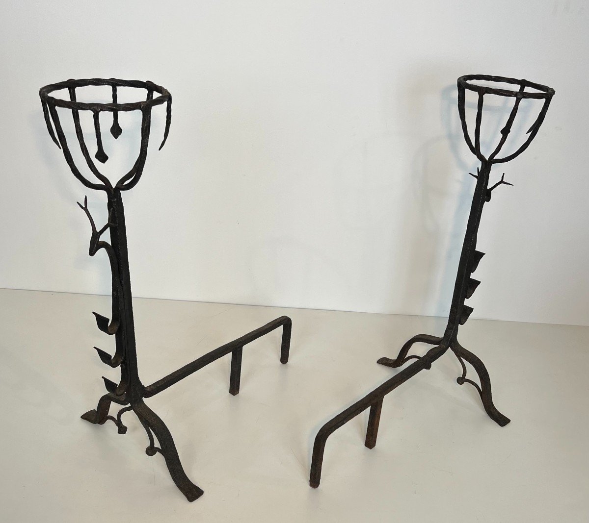 Important Pair Of Wrought Iron Landiers Andirons With Deer Heads. French Work. 19th Century-photo-8