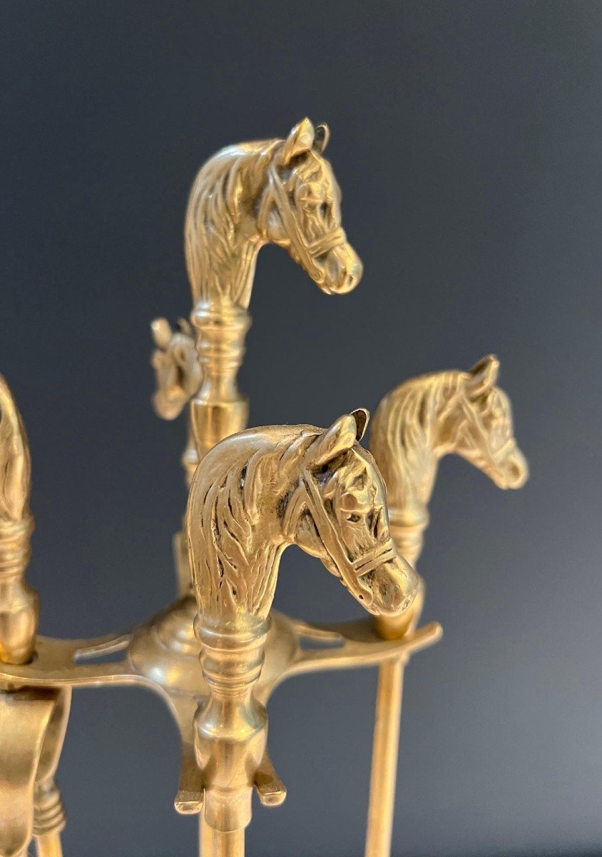 Neoclassical Style Brass Horseheads Fireplace Tools. French. Circa 1950-photo-2
