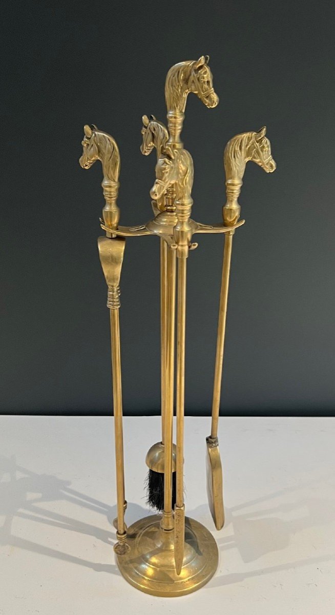 Neoclassical Style Brass Horseheads Fireplace Tools. French. Circa 1950-photo-7