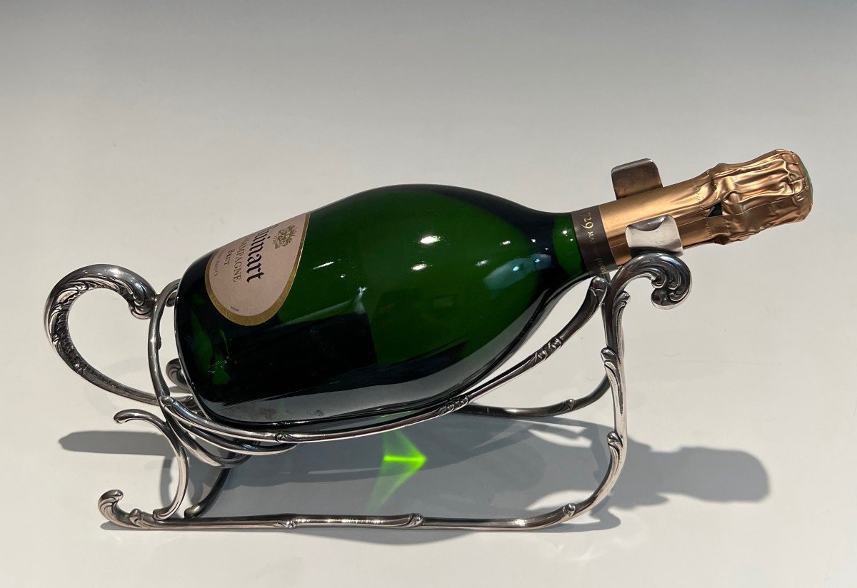Silvered Metal Sled Bottle Holder. French Work. Circa 1930-photo-2