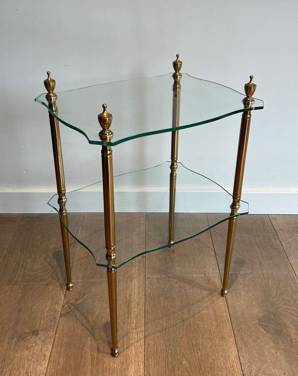 Brass Side Table With 2 Glass Shelves. French Work By Maison Jansen. Circa 1940