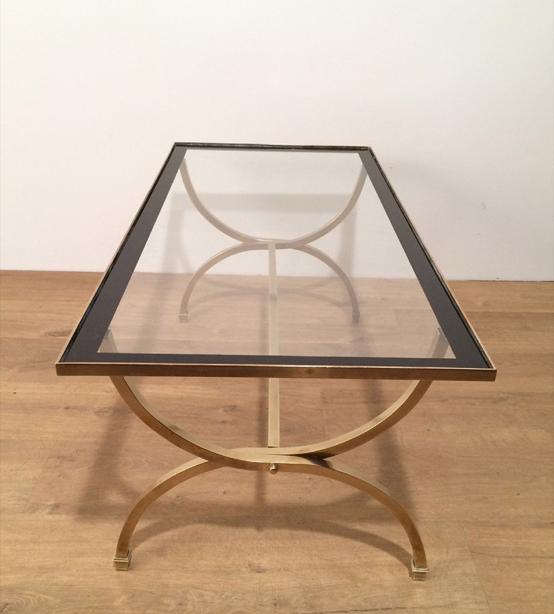 Rectangular Brass Coffee Table With Clear Glass Top Surrounded With Black Lacquered Edges.-photo-2