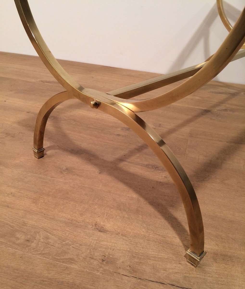 Rectangular Brass Coffee Table With Clear Glass Top Surrounded With Black Lacquered Edges.-photo-3