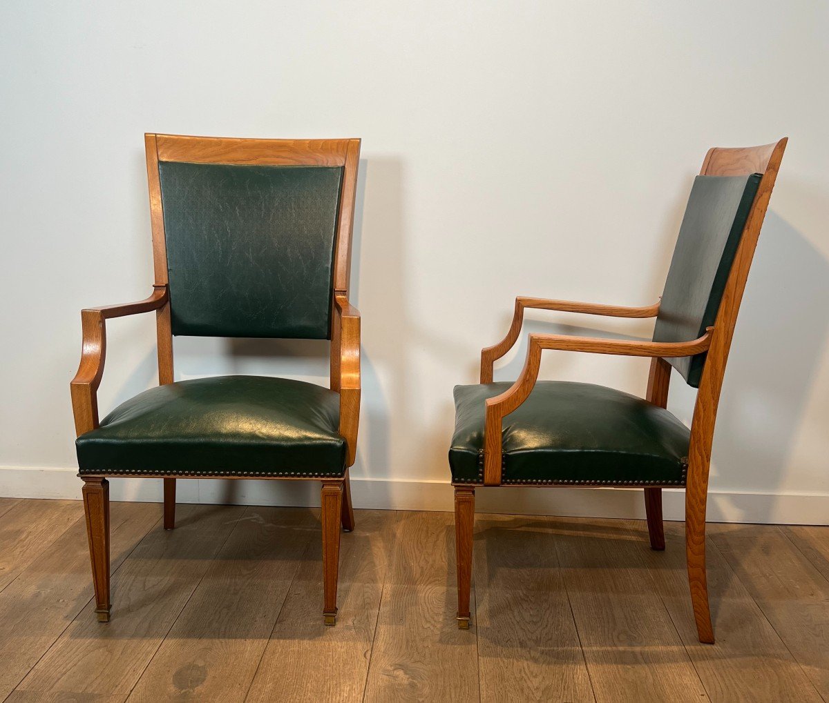 Pair Of Wooden And Leather Armchairs. Belgian Work By De Coene Frères. Circa 1940-photo-2