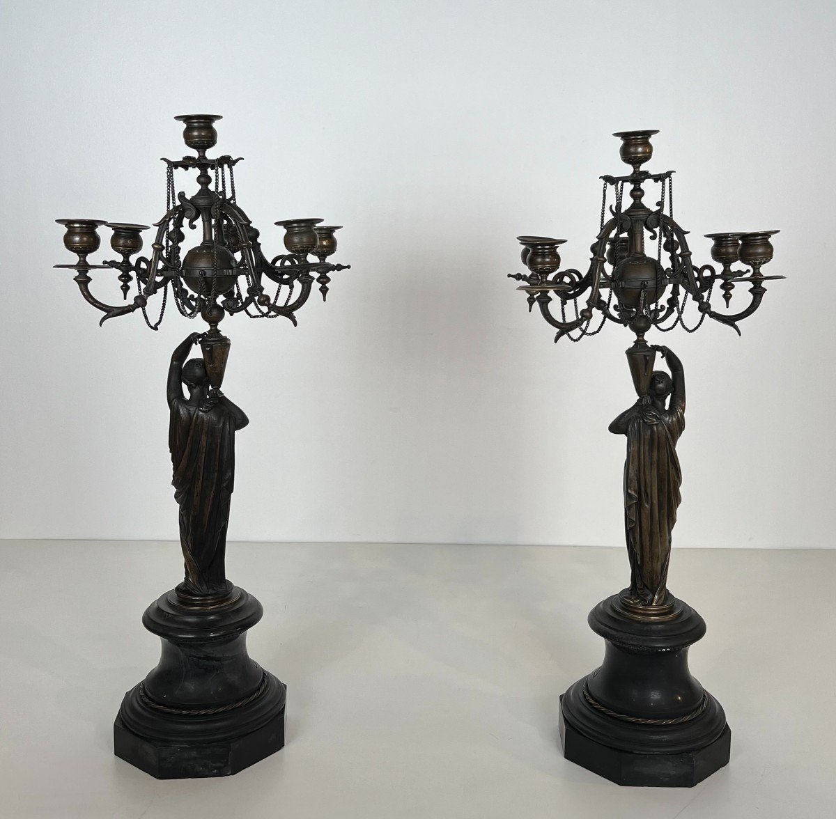 Pair Of Important Caryatids Candelabra In Patinated Bronze In The Style Of Lve Robert-photo-8