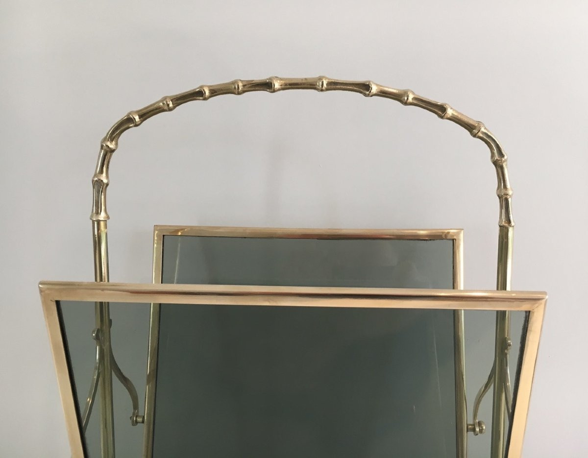 Faux-bamboo Bronze Magazine Rack With Blueish Glass Panels On Each Side  By Maison Jansen-photo-4