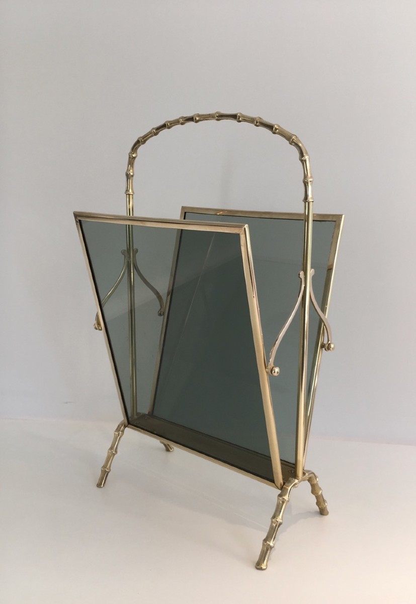 Faux-bamboo Bronze Magazine Rack With Blueish Glass Panels On Each Side  By Maison Jansen