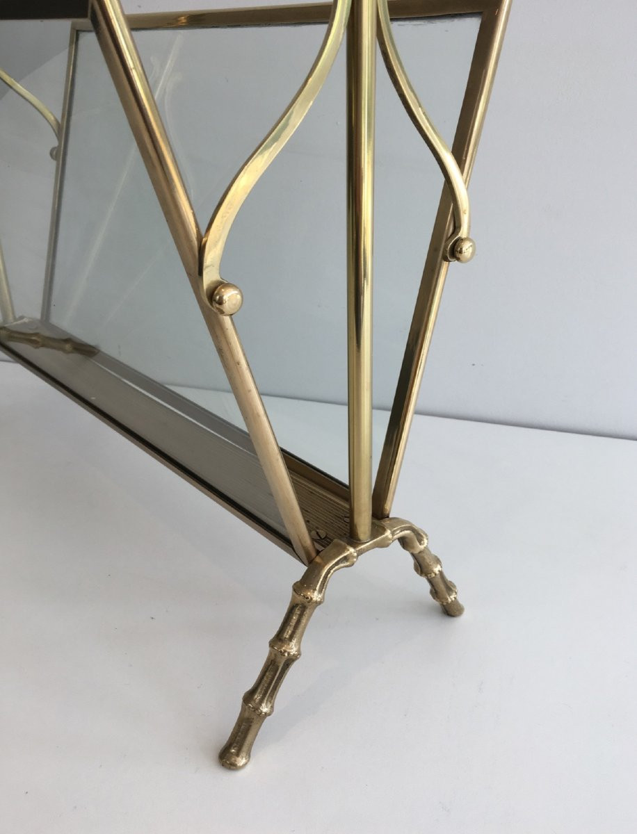Brass Faux-bamboo Magazine Rack With Clear Glass Panels On Each Side. French Work -photo-4