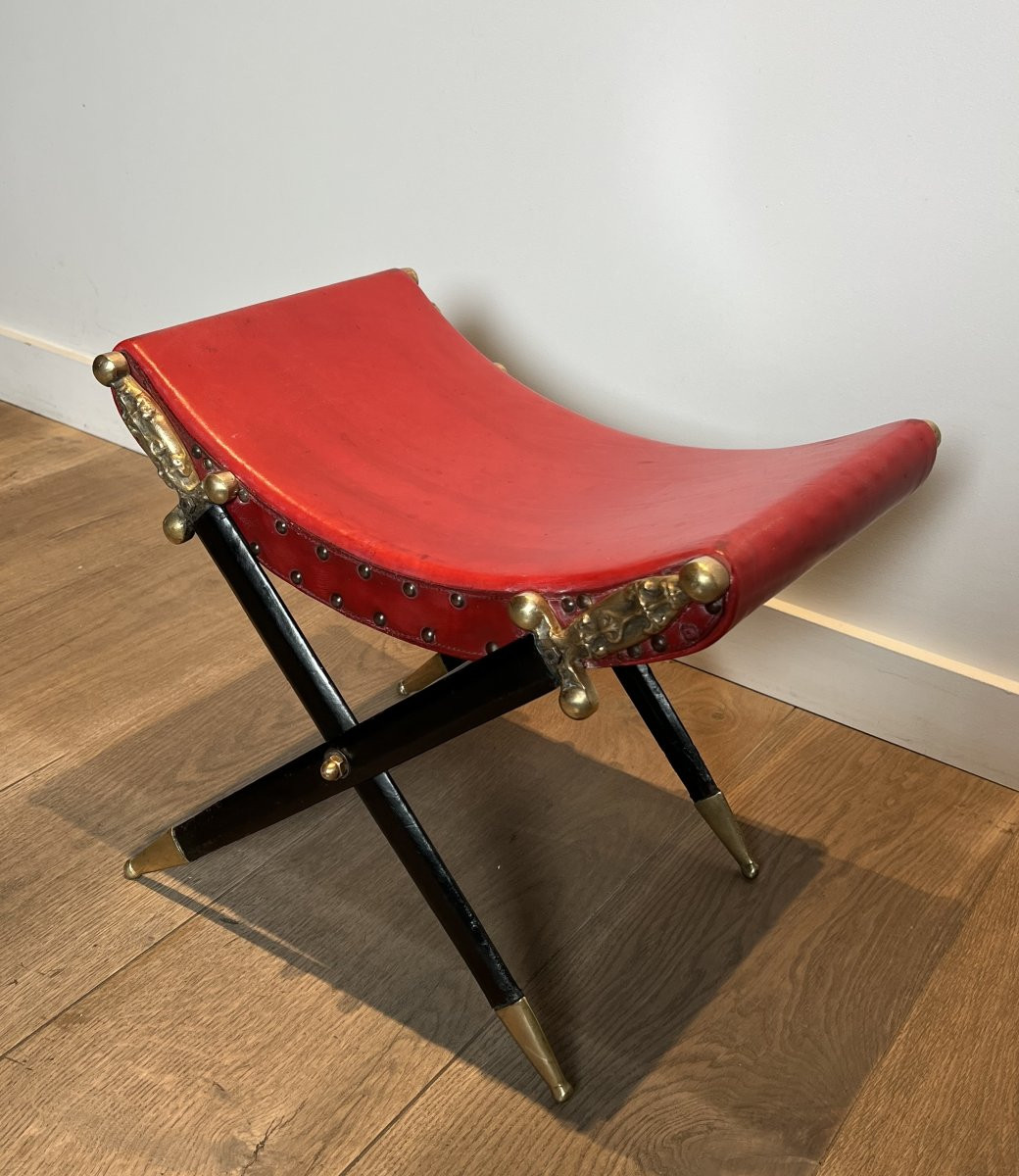 Neoclassical Style Curule Stool Consisting Of A Seat Upholstered In Red Leather-photo-2