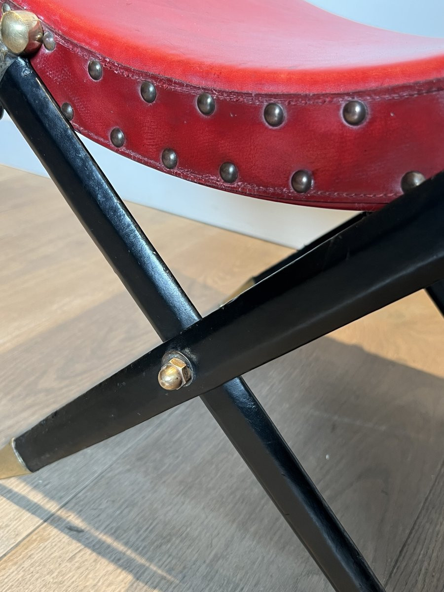 Neoclassical Style Curule Stool Consisting Of A Seat Upholstered In Red Leather-photo-5