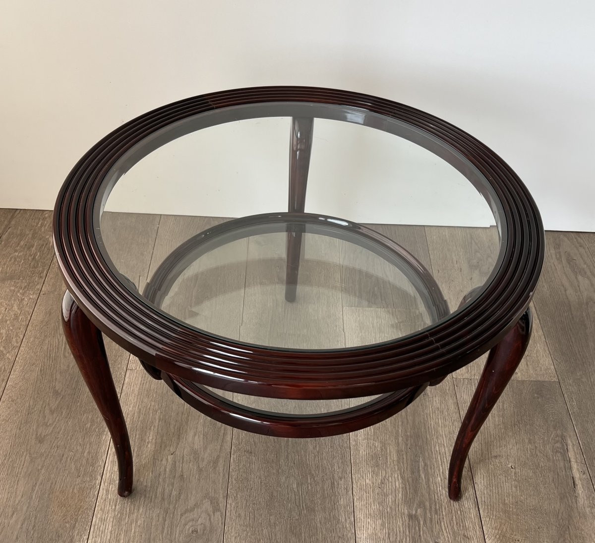 Round Walnut Coffee Table With Two Glass Tops. Italian Work By Paolo Buffa. Circa 1940-photo-2