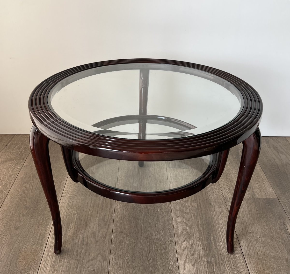 Round Walnut Coffee Table With Two Glass Tops. Italian Work By Paolo Buffa. Circa 1940-photo-1