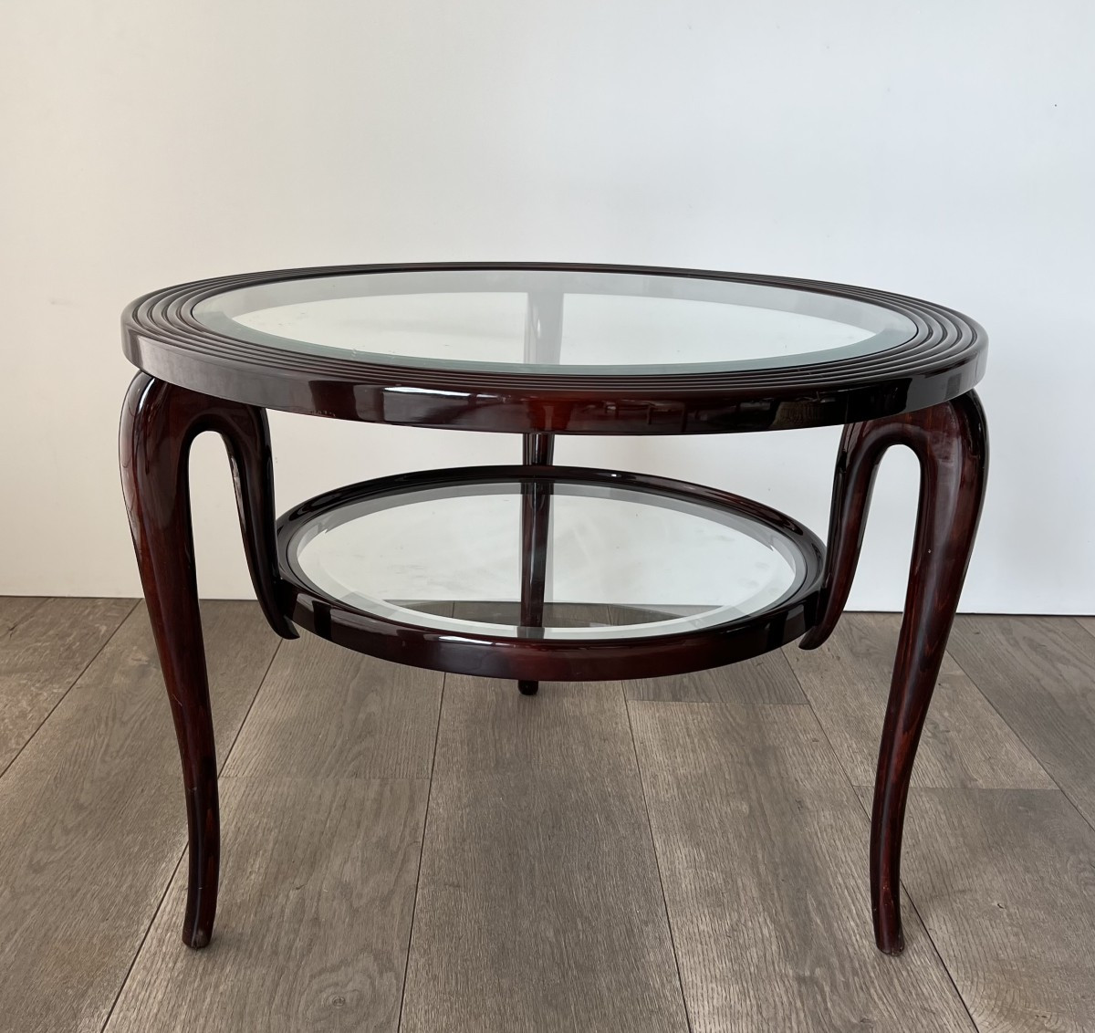 Round Walnut Coffee Table With Two Glass Tops. Italian Work By Paolo Buffa. Circa 1940