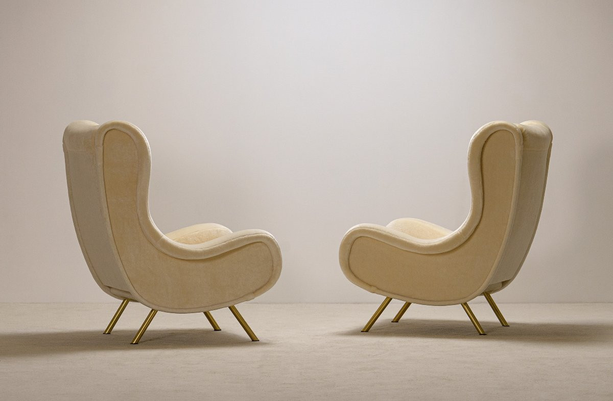 Pair Of "senior" Armchairs With New Luxury Mohair Upholstery And Varnished Brass Legs. -photo-4