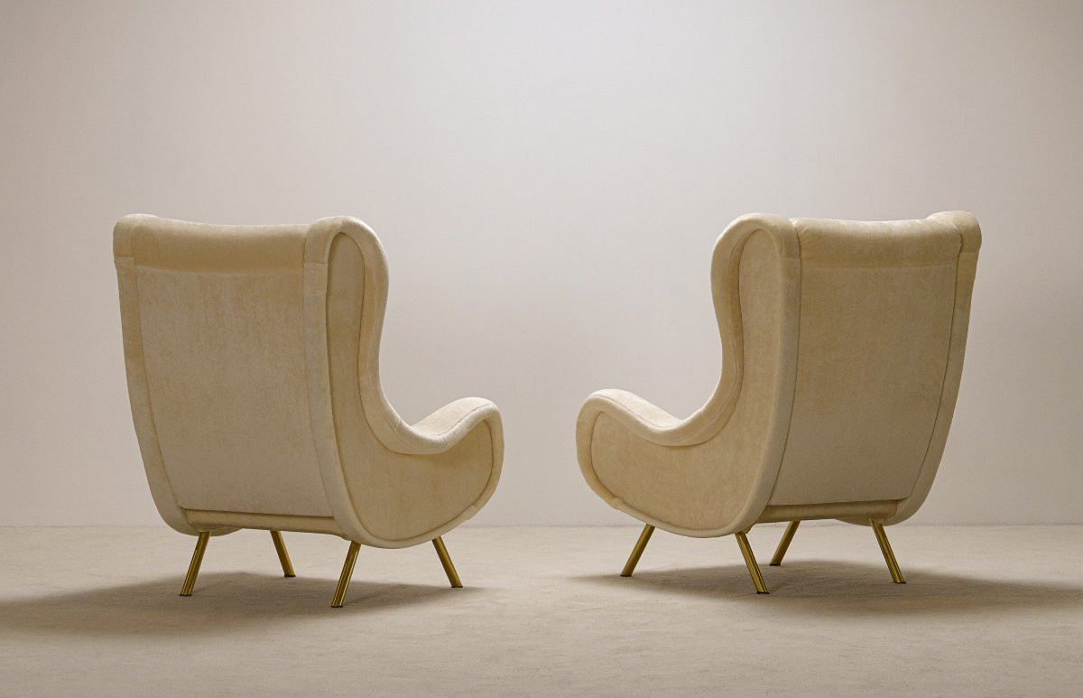Pair Of "senior" Armchairs With New Luxury Mohair Upholstery And Varnished Brass Legs. -photo-1