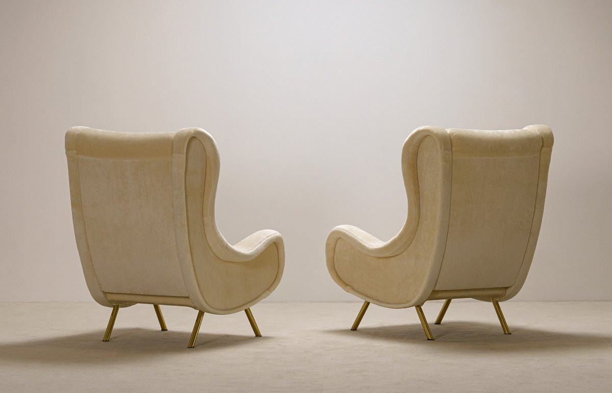 Pair Of "senior" Armchairs With New Luxury Mohair Upholstery And Varnished Brass Legs. -photo-5